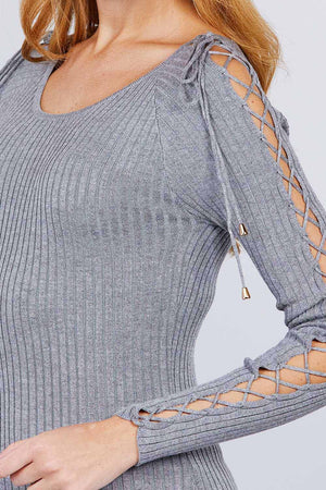 Long Sleeve W/strappy Detail Round Neck Rib Sweater Top