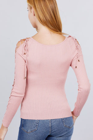 Long Sleeve W/strappy Detail Round Neck Rib Sweater Top