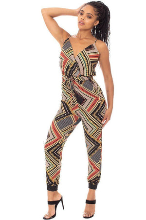 Boarder Print Wrap Drawstring Waist Jumpsuit