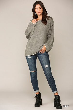 Two-tone Sold Round Neck Sweater Top With Piping Detail