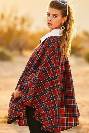 Mock Neck With Zipper Contrast Inside Front Pocket Plaid Poncho