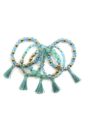 Crystal Stone Ball Bead Tassel Stretch Bracelet Set