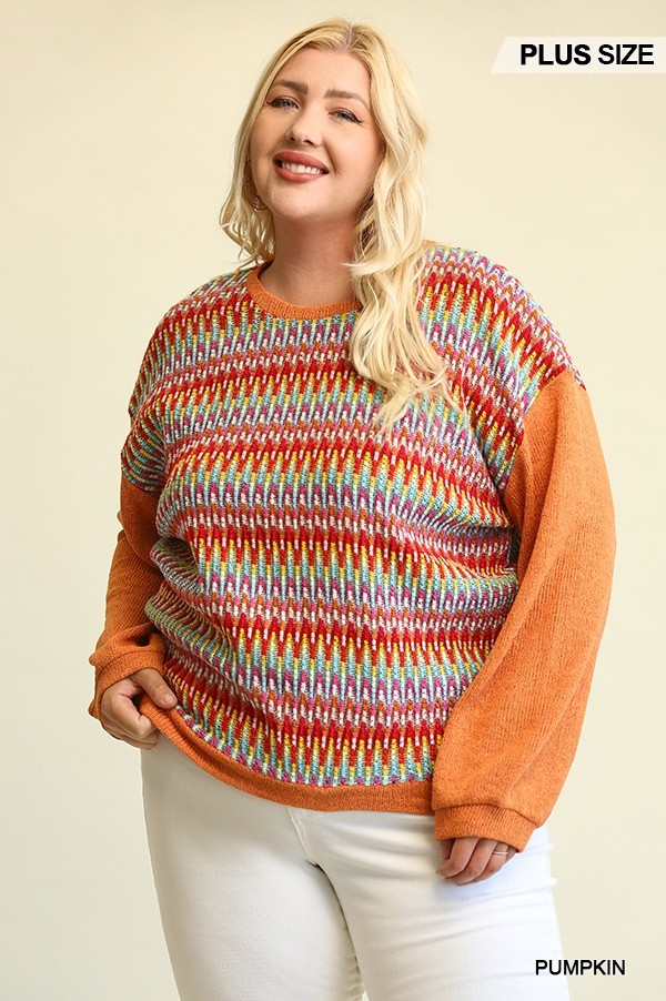 Novelty Knit And Solid Knit Mixed Loose Top With Drop Down Shoulder