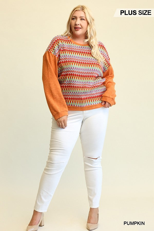 Novelty Knit And Solid Knit Mixed Loose Top With Drop Down Shoulder