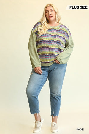 Novelty Knit And Solid Knit Mixed Loose Top With Drop Down Shoulder