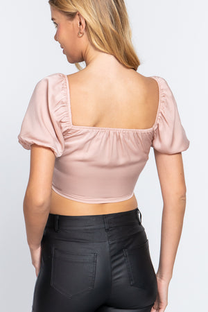 Short Slv Shirring Satin Crop Top