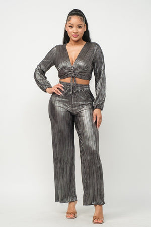 Foil Plisse Tunnel Shirring Top And Pants Set