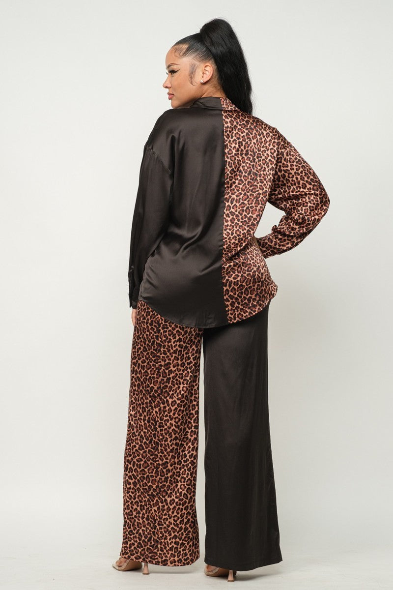 Half Animal Print And Half Solid Top And Pants Set