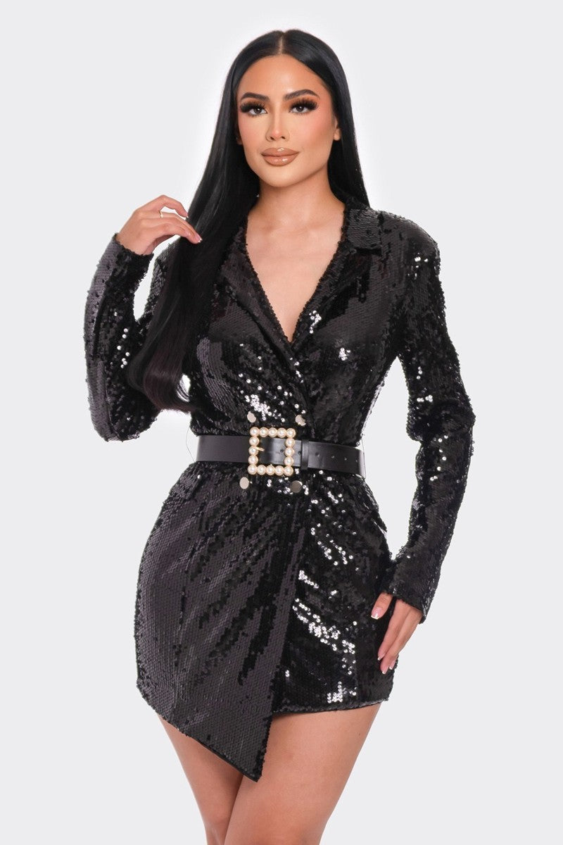 Pearl Belted Sequin Blazer Mini Dress