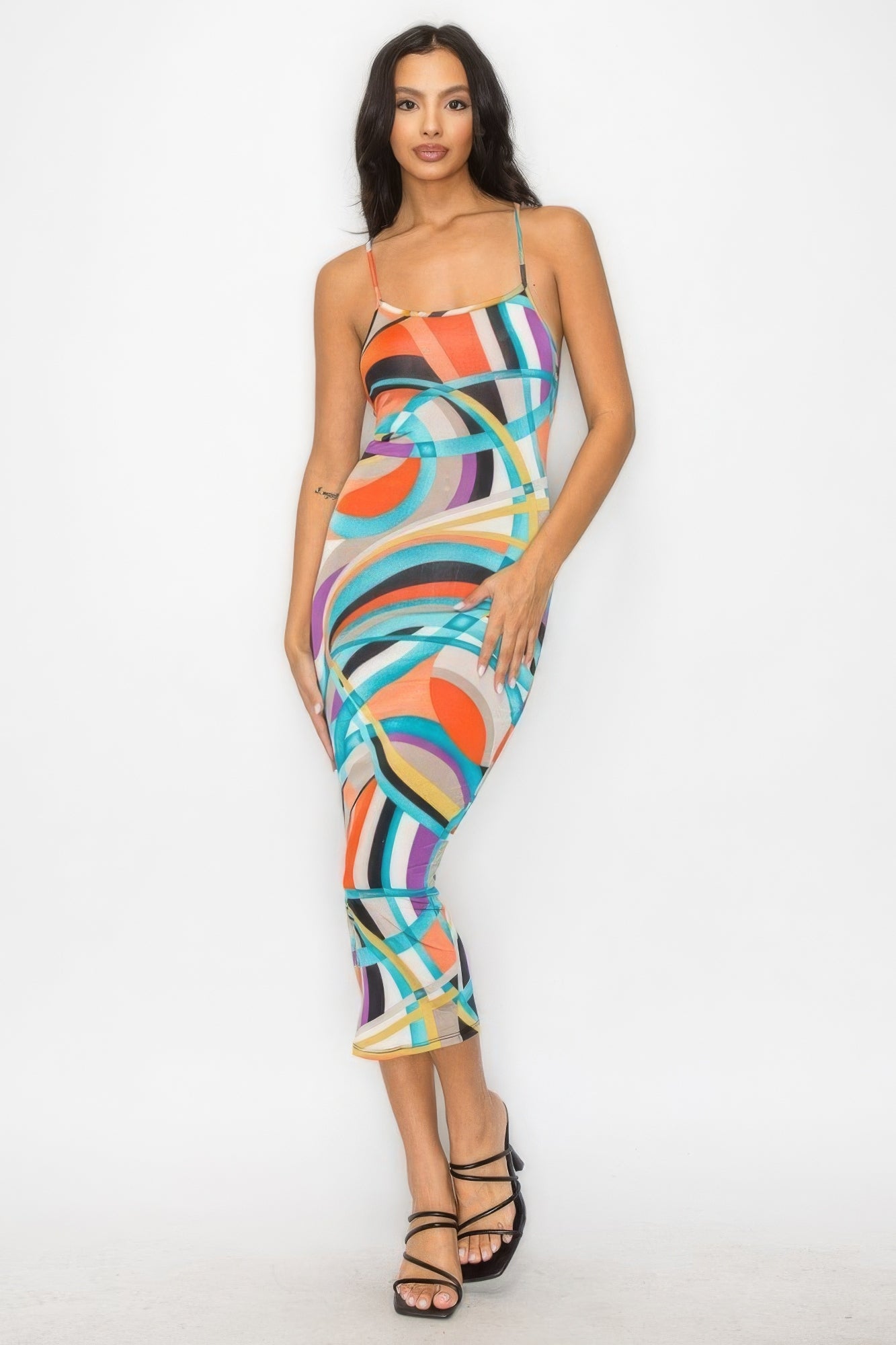 Crossed Back Marble Print Multicolor Midi Dress