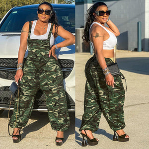 CAMO PRINTED LOOSE LOW CROTCH OVERALLS