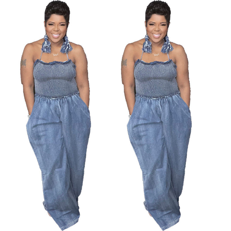 HALTER TOP ONE-PIECE DENIM JUMPSUIT