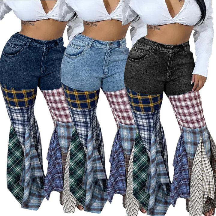 PATCHWORK HOUNDSTOOTH FLARED DENIM RUFFLED TROUSERS