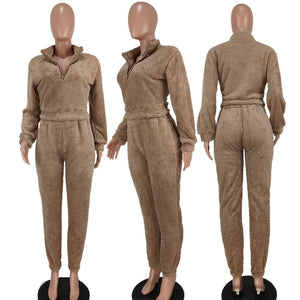 DOUBLE-SIDED FLEECE V-NECK CASUAL TWO-PIECE SET