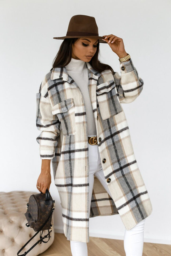 PLAID PRINTED MID-LENGTH SHIRT COAT