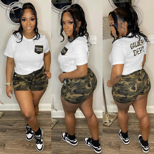 LETTER PRINTED CAMOUFLAGE SHORT SLEEVED SHORTS SET