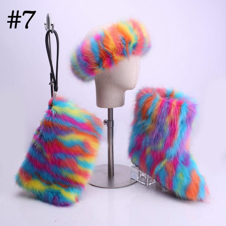 ADULT FAUX FUR HEADBAND/BOOTS/BAG 3 PC SET - MULTI