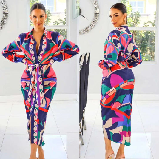 LAPEL WAIST LONG SLEEVE PAINTED SHIRT SKIRT (BELT INCLUDING BELT)