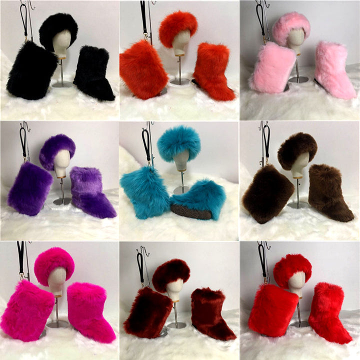 ADULT FAUX FUR HEADBAND/BOOTS/BAG 3 PC SET - SOLID