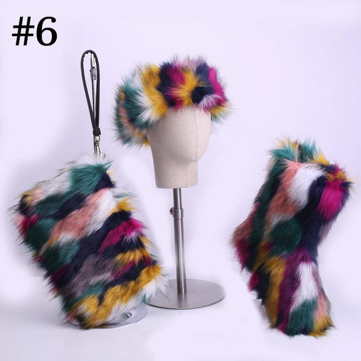 ADULT FAUX FUR HEADBAND/BOOTS/BAG 3 PC SET - MULTI