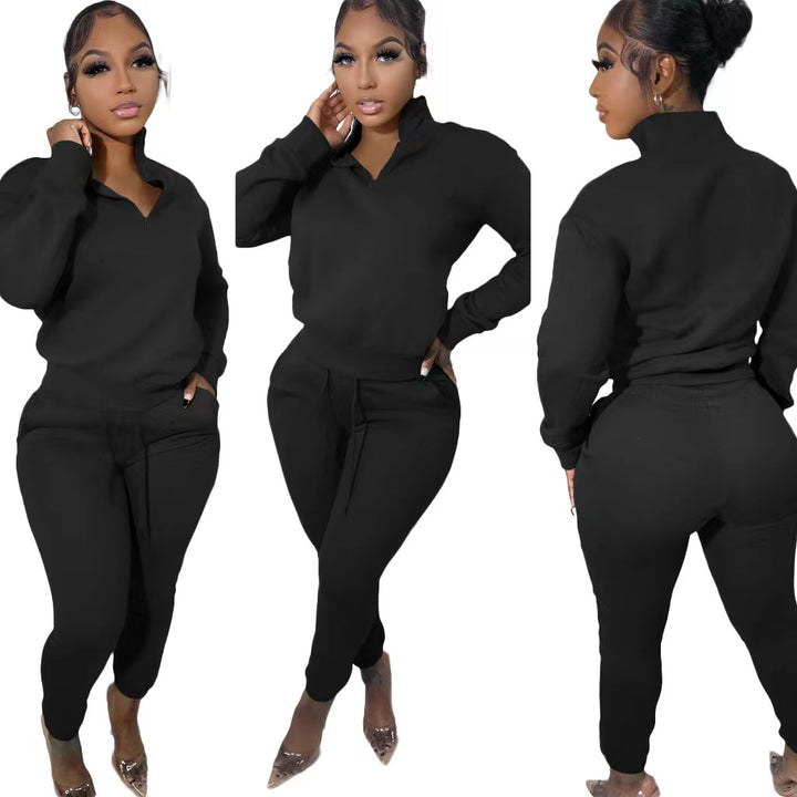 LEISURE SPORTS COLLAR ZIPPER TWO-PIECE SET