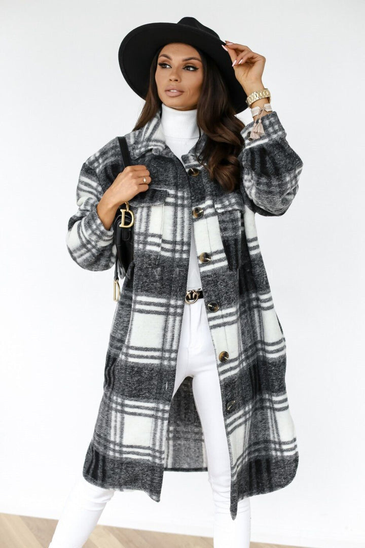 PLAID PRINTED MID-LENGTH SHIRT COAT