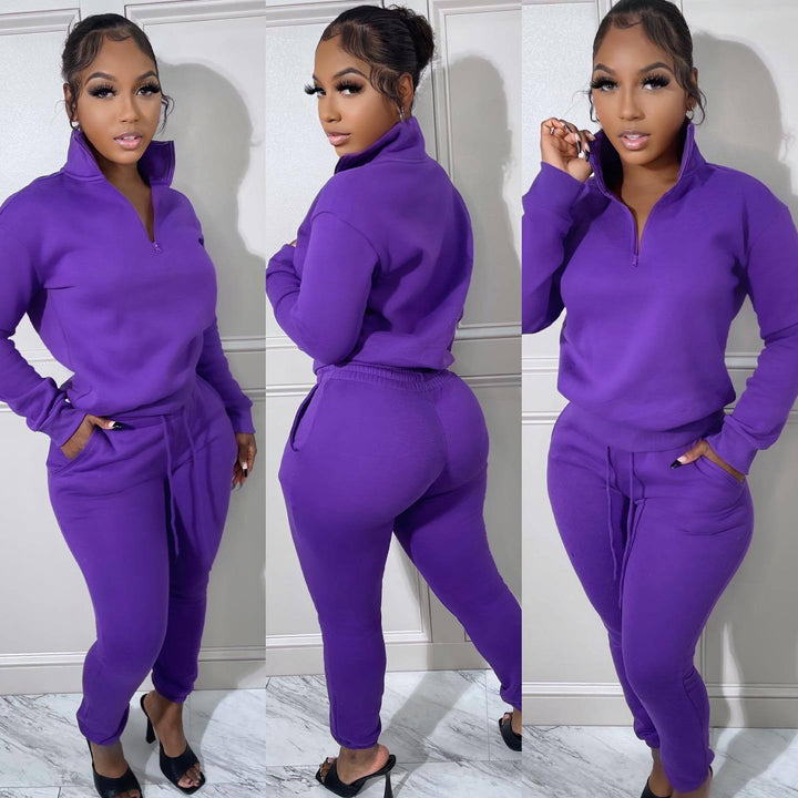 LEISURE SPORTS COLLAR ZIPPER TWO-PIECE SET