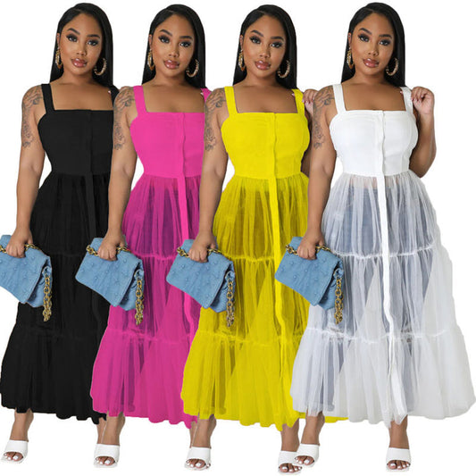 STRAPS TULLE STITCHING LARGE SWING DRESS