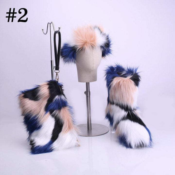 ADULT FAUX FUR HEADBAND/BOOTS/BAG 3 PC SET - MULTI