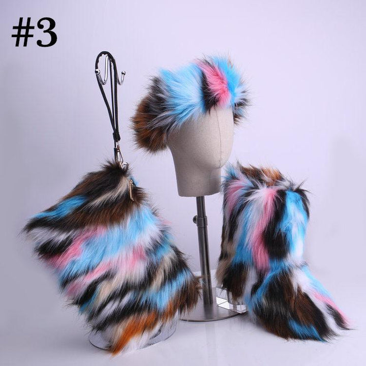 ADULT FAUX FUR HEADBAND/BOOTS/BAG 3 PC SET - MULTI