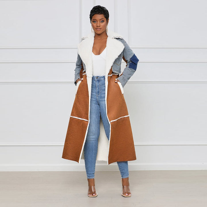 Fur and Denim Patchwork Long Coat