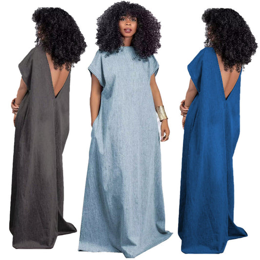 DENIM LOOSE DEEP V OPEN BACK DRESS