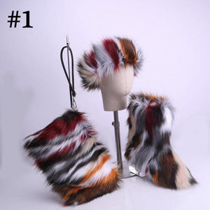 ADULT FAUX FUR HEADBAND/BOOTS/BAG 3 PC SET - MULTI