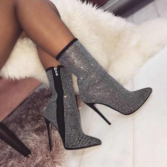 Rhinestone Pointed Toe Ankle Boots