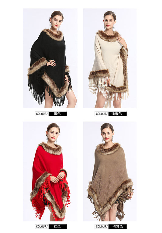 Large Fur Shawl Cashmere Wool Cape With Faux Fur